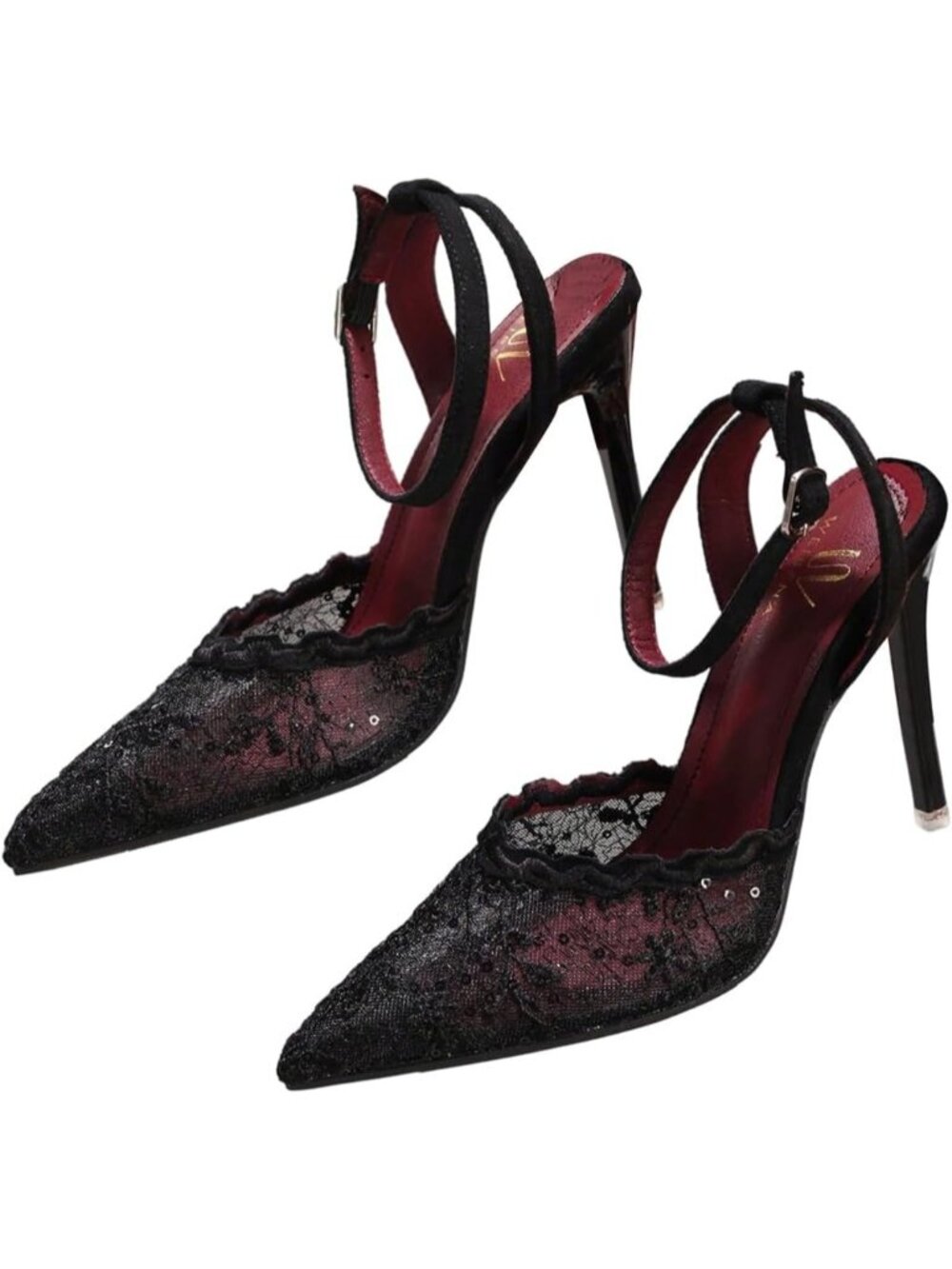 Women's Black Lace High Heels Pointed Closed Toe Stilettos Pumps Ankle Strap